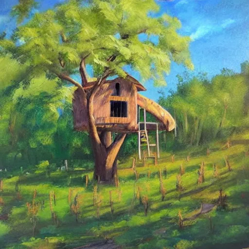 Image similar to treehouse in the countryside on a sunny day, peaceful, dreamy, brush strokes, oil painting