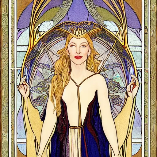 Image similar to cate blanchett as galadriel, mucha style, art nouveau,