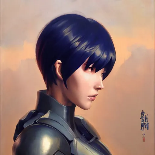 Image similar to greg manchess portrait painting of partially armored motoko kusanagi as overwatch character, medium shot, asymmetrical, profile picture, organic painting, sunny day, matte painting, bold shapes, hard edges, street art, trending on artstation, by huang guangjian, gil elvgren, ruan jia, greg rutkowski, gaston bussiere