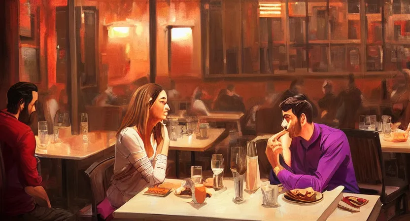 Prompt: a guy and a girl on a date in a restaurant, far corner. art by salman toor. faithfully depicted facial expression, perfect anatomy, sharp focus, global illumination, radiant light, detailed and intricate environment, trending on artstation