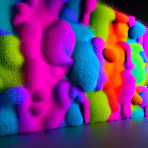 Image similar to : colorful abstract fuzzy sculpture art on the wall in modern architecture studio high luxury, cinematic lighting, hyper - realistic, detailed, render by c 4 d octane, unreal engine, 8 k 3 d render