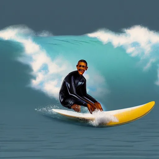 Prompt: barack obama surfing in rough surf with beverage in hand, realistic, high detail, volumetric lighting