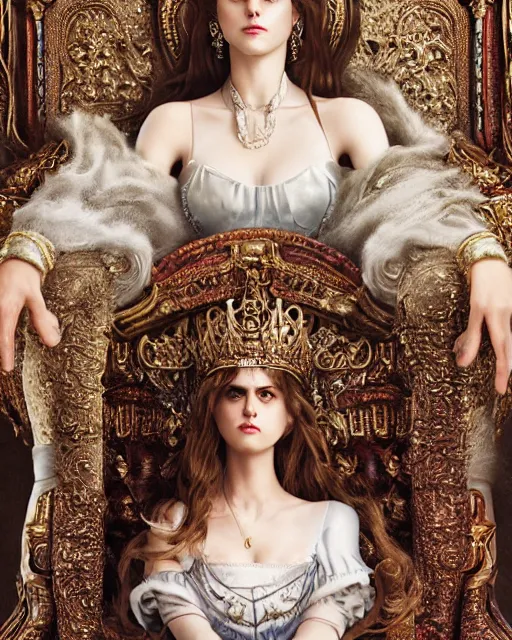 Prompt: character portrait of white queen alexandra daddario with gorgeous detailed eyes sitting on a throne, color page, tankoban, 4 k, tone mapping, doll, akihiko yoshida, james jean andrei riabovitchev marc simonetti, yoshitaka amano, willowy frame