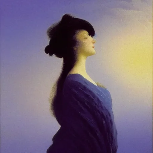 Image similar to a young woman's face, her hair is silver grey and she wears an indigo blue satin cloak, by ivan aivazovsky and syd mead and moebius and gaston bussiere and roger dean and pieter claesz and paul delaroche and alma tadema and aelbert cuyp and donato giancola, hyperrealistic, volumetric light, octane render