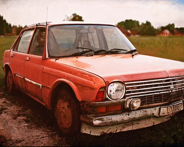 Image similar to a lomographic photo of old lada 2 1 0 7 standing in typical soviet yard in small town, hrushevka on background, cinestill, bokeh