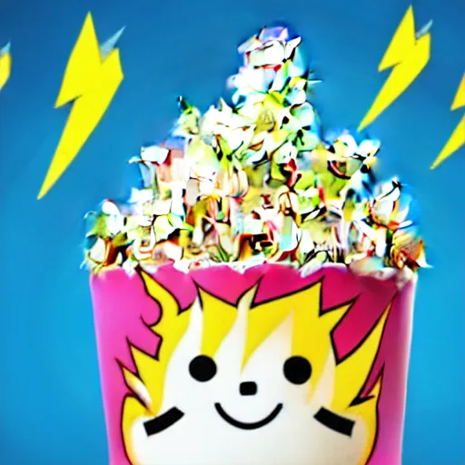 Prompt: kawaii wacky fluffy popcorn with lightning bolt power, yokai, in the style of a manga character, with a smiling face and flames for hair, sitting on a lotus flower, white background, simple, clean composition, symmetrical