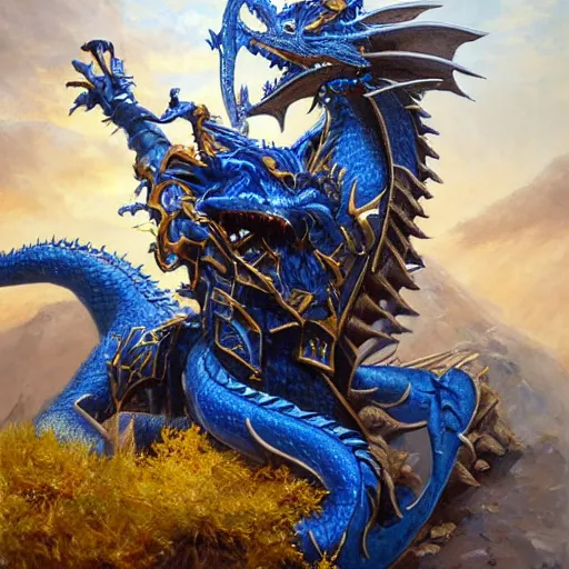 Prompt: blue knight with gold accents fighting dragon by plutus su, desert with small trees and shrubs, painting, detailed, realistic, complimentary colors, light, by richard doyle, by robert hagan, by tim hildebrandt, artstation, cinematic, dramatic lighting, close up, wide angle, intricate design