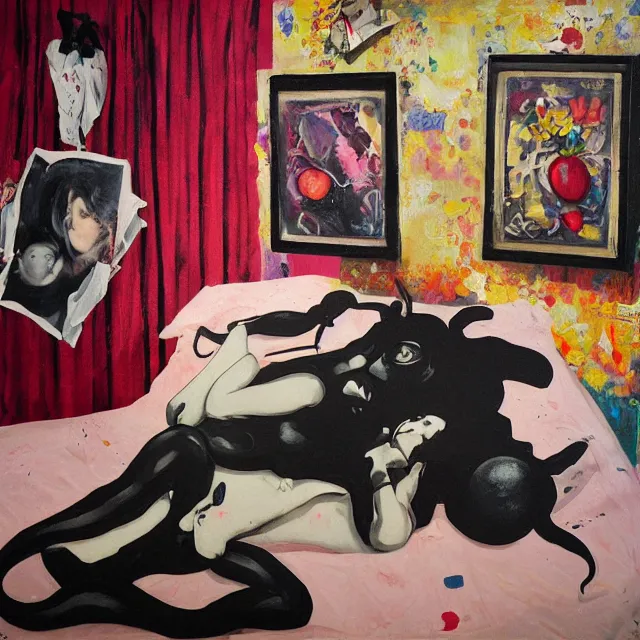 Image similar to a portrait in a female artist's bedroom, black walls, emo girl riding an inflatable pig, sheet music, berries, surgical supplies, pancakes, black flowers, sensual, octopus, neo - expressionism, surrealism, acrylic and spray paint and oilstick on canvas