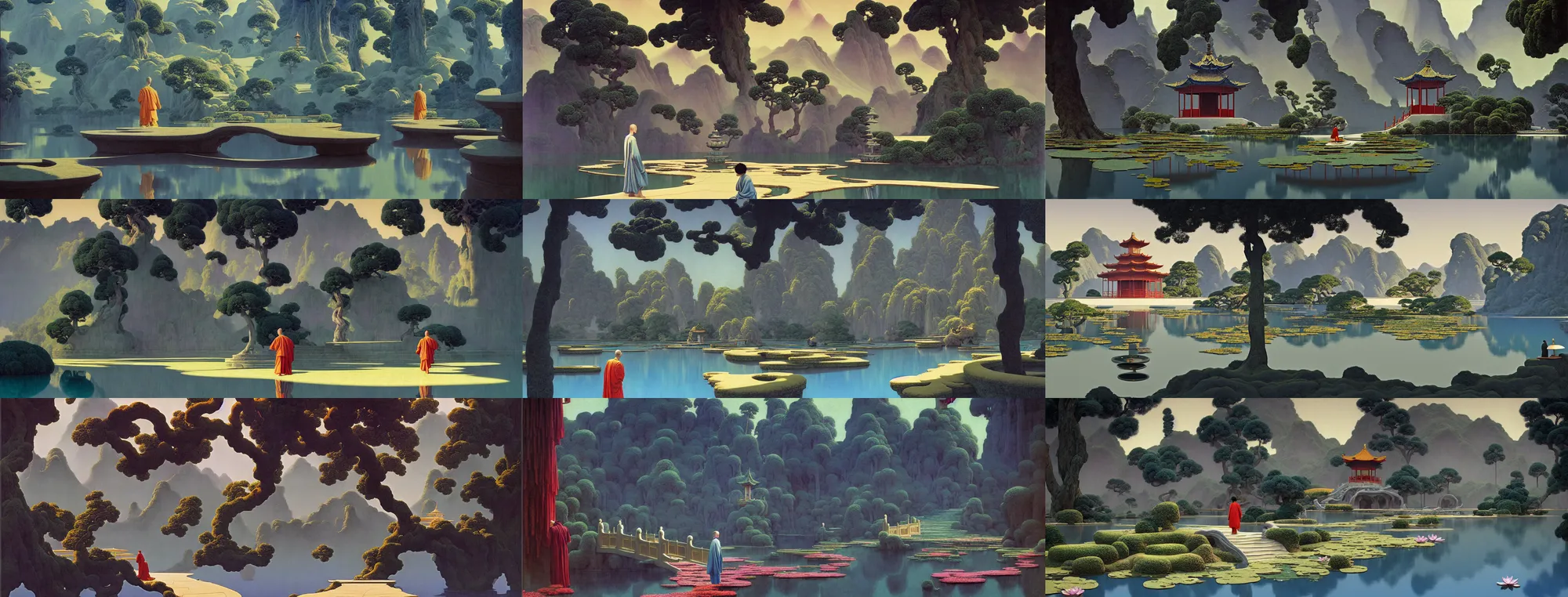 Image similar to a gorgeous landscape painting by barlowe wayne maxfield parrish and marco mazzoni. chinese temple. just one lonely chinese monk in grey blue long gown walks on the winding steps. lotus lake. ultra clear detailed. 3 d, octane render. turbulent blood lake.