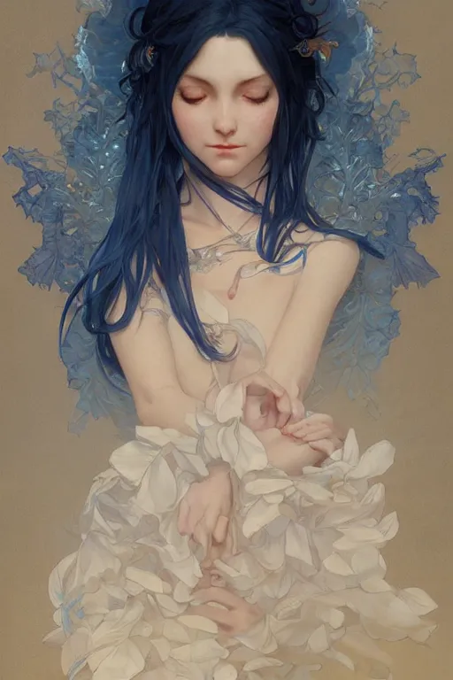 Prompt: perfect blue, dreamy and ethereal,, fantasy, intricate, elegant, highly detailed, digital painting, artstation, concept art, smooth, sharp focus, illustration, art by artgerm and greg rutkowski and alphonse mucha