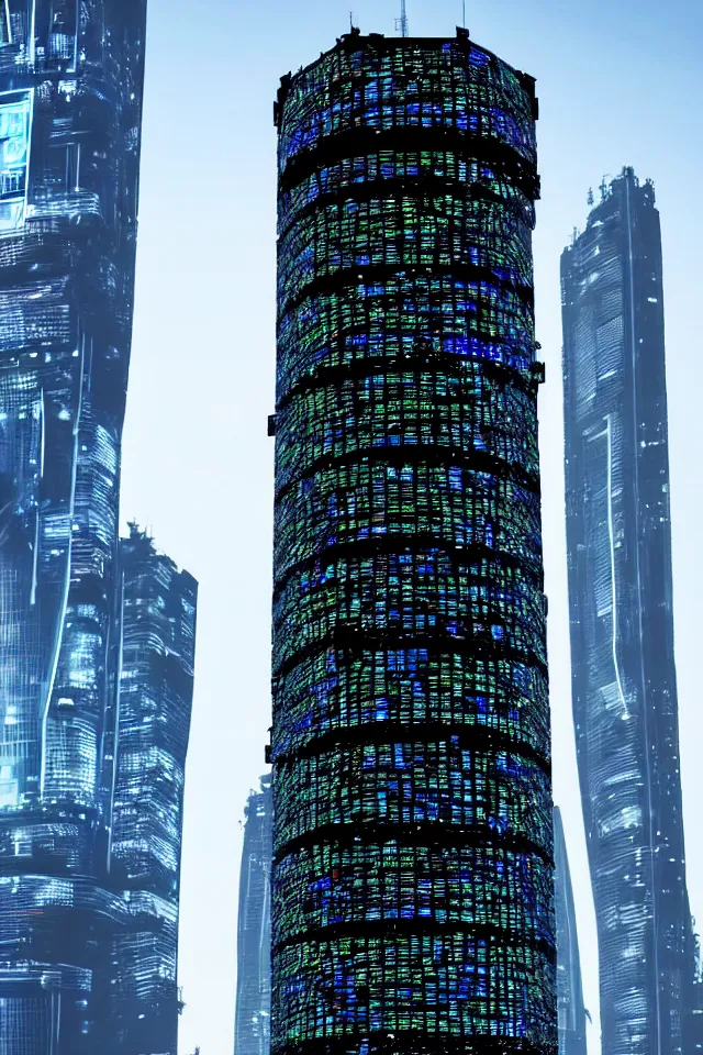 Image similar to cyberpunk tower made out of billions of stacked computer screens