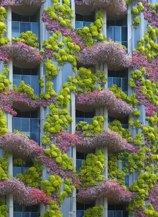 Prompt: brutalist buildings covered in colorful vines and flowers by Denys Lasdun William Morris and Mies van Der Rohe, artstation, masterpiece