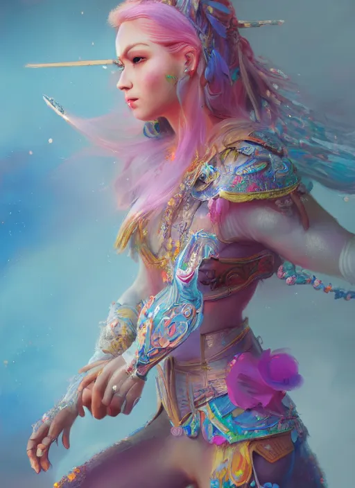 Prompt: detailed full body concept art illustration colorful pastel painting of a Disney warrior princess in full intricate clothing, ultra detailed, digital art, octane render, 4K, dystopian, micro details