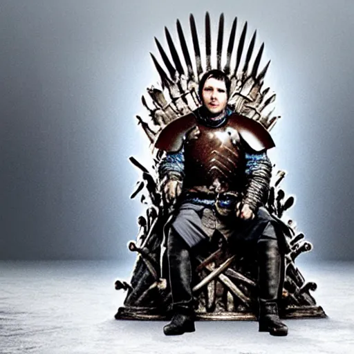 Image similar to king john oliver wearing armor sitting on the iron throne of westeros