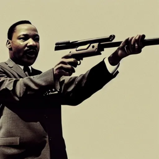 Image similar to martin luther king jr holding a rifle, photorealistic
