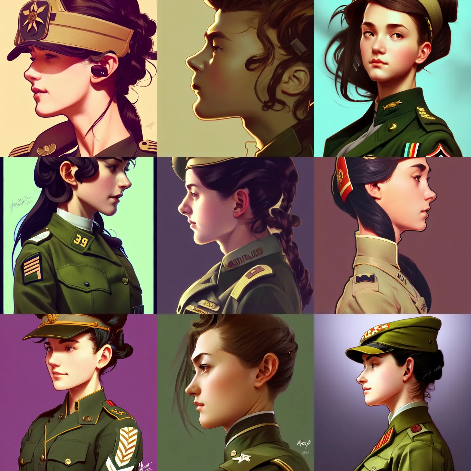 Prompt: girl wearing military uniform, hands in her hair. side-view, highly detailed, digital painting, artstation, concept art, smooth, sharp focus, illustration, art by artgerm and alphonse mucha, high definition digital art, in the style of Ross tran and ilya kuvshinov