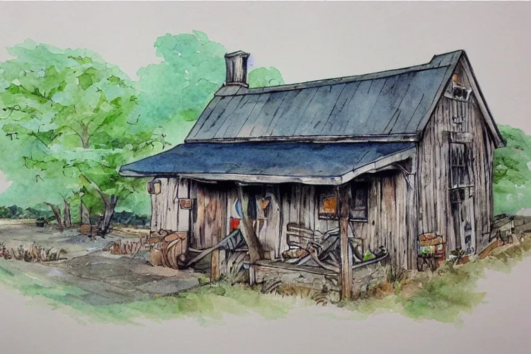 Image similar to country road store goose watercolor pen trending on artstation