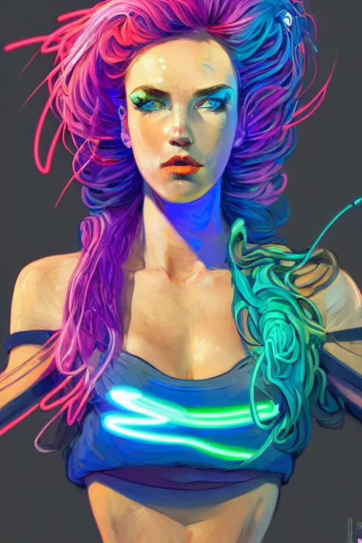 Image similar to a award winning portrait of a beautiful woman with stunning eyes in a one off shoulder croptop and cargo pants with rainbow colored hair, outlined by whirling illuminated neon lines and fine lines swirling in circles by jesper ejsing, digital art, trending on artstation