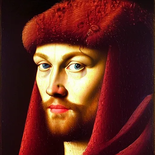 Image similar to portrait of the son of health ledger christ pratt leonardo dicaprio, oil painting by jan van eyck, northern renaissance art, oil on canvas, wet - on - wet technique, realistic, expressive emotions, intricate textures, illusionistic detail