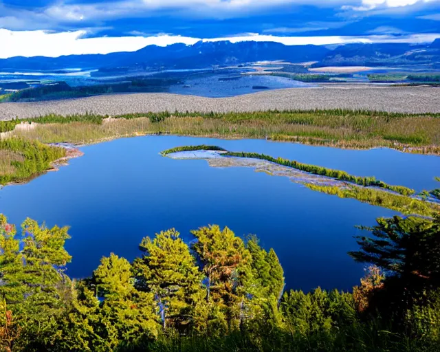 Image similar to my teeth are sharp. there is a lake in the foreground with water reflections.