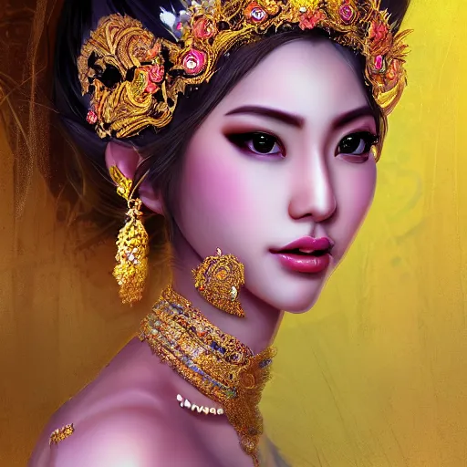 Prompt: beautiful bali princess by kittichai rueangchaichan, floralpunk, Artstation, intricate details, photo realistic, dramatic