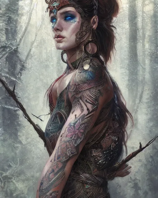 Prompt: a close - up of tattooed beautiful female warrior wearing a magical leotard in a magical forest, hyper realistic face, beautiful eyes, fantasy art, in the style of greg rutkowski, illustration, epic, fantasy, intricate, hyper detailed, artstation, concept art, smooth, sharp focus, vibrant