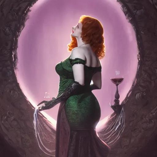 Image similar to a highly detailed matte painting of christina hendricks as an unbelievably powerful vampire witch, drinking wine, floating in the air doing blood magic, viewed in profile from far away, crackling green lightning, ultrawide lens, art by artgerm and greg rutkowski and alphonse mucha, volumetric lighting, octane render, 4 k resolution, trending on artstation, masterpiece