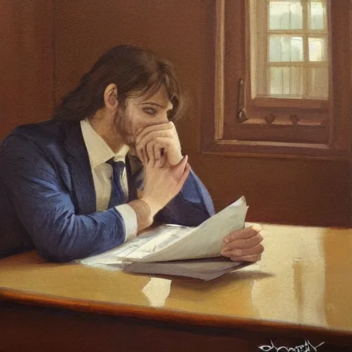 Image similar to scene at office with an handsome man of 3 9 years old, green eyes, light brown, good looking, wide round nose, mid long hair, in an office by david rutkowski, by artgem