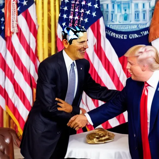 Image similar to Photo of Barack Obama smiling and shaking hands with Donald Trump wearing a blue shirt, realistic