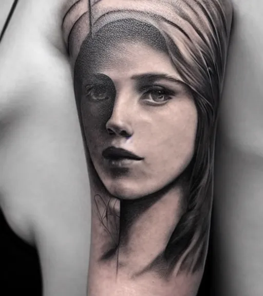 Image similar to a beautiful girl portrait faded in beautiful mountains, realism tattoo, in the style of den yakovlev, black and white, hyper realistic, highly detailed