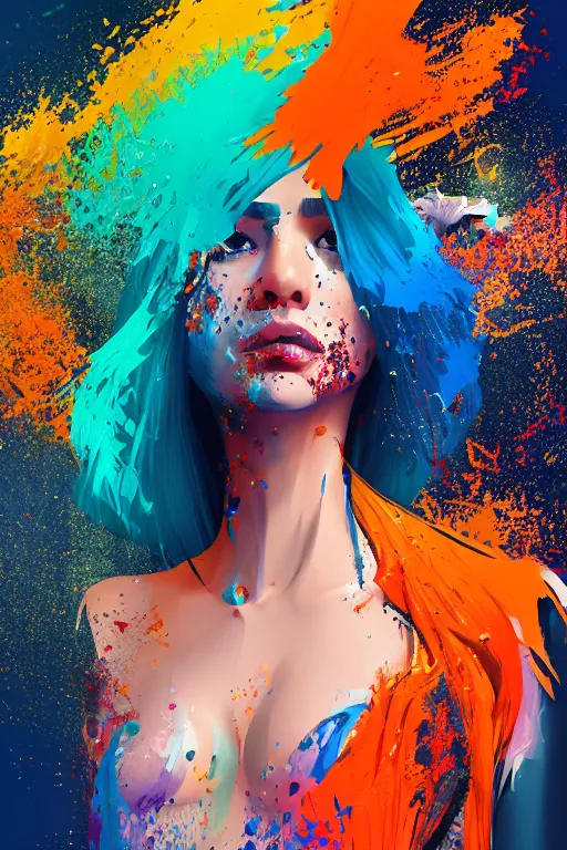 Image similar to a award winning half body portrait of a beautiful woman in a croptop and cargo pants with ombre orange blue teal hairstyle with head in motion and hair flying, paint splashes, splatter, outrun, vaporware, shaded flat illustration, digital art, trending on artstation, highly detailed, fine detail, intricate