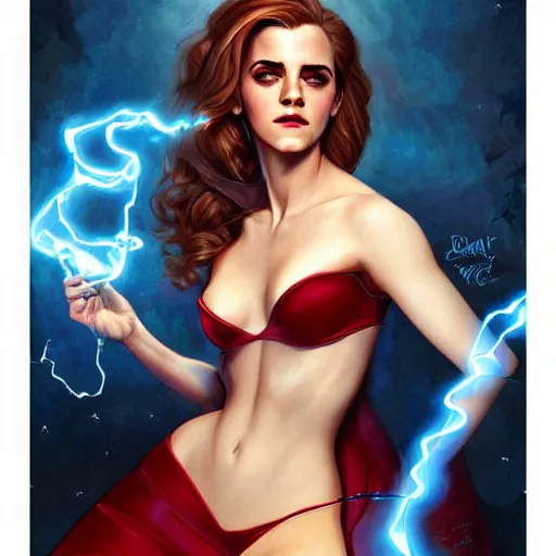 Prompt: emma watson as jessica rabbit, wand with crackling blue lightning, fantasy, intricate, elegant, highly detailed, digital painting, artstation, concept art, matte, sharp focus, illustration, in the style of magic the gathering, art by artgerm and greg rutkowski and alphonse mucha