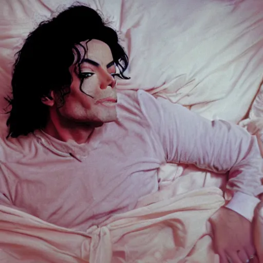 Image similar to Michael Jackson in bed. 8k. 4k. HD. UHD. Photo Portra 800.