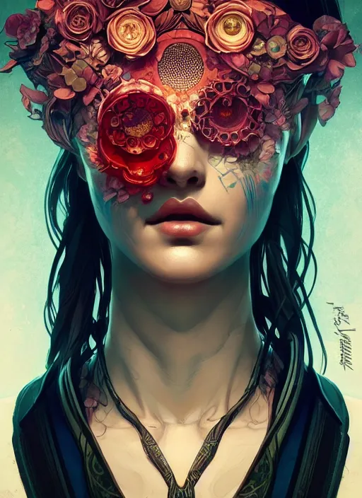 Image similar to symmetry!! portrait of floral! borderlands 3 psycho, intricate, elegant, highly detailed, digital painting, artstation, concept art, smooth, sharp focus, illustration, art by artgerm and greg rutkowski and alphonse mucha, 8 k