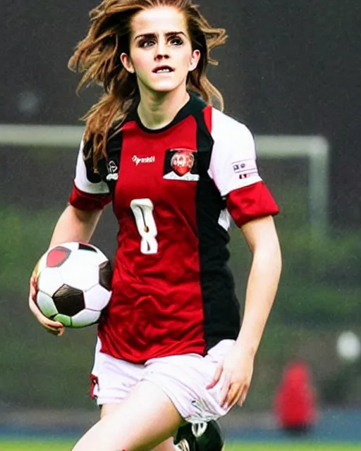 Image similar to a portrait of emma watson as a lokomotiv football player, hyper realistic