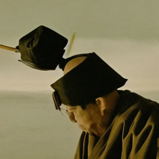 Image similar to cinematic film still of PontiacMadeDDG starring as a Japanese Sensei with fire, Japanese CGI, VFX, 2003, 40mm lens, shallow depth of field, film photography