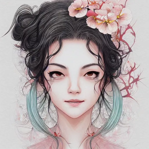 Image similar to ash blossom and joyous spring, heroine, beautiful, playful smile, detailed portrait, intricate complexity, in the style of Artgerm, Kazuki Tanahashi, and Ross Tran, cel-shaded