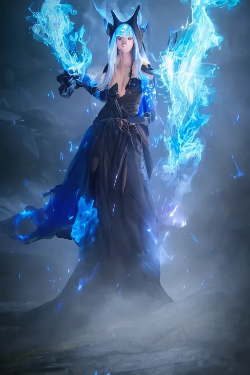 Prompt: A beautiful dark magician girl with a large witches hat covered in blue flames by Greg Rutkowski, Sung Choi, Mitchell Mohrhauser, Maciej Kuciara, Johnson Ting, Maxim Verehin, Peter Konig, final fantasy , mythical, 8k photorealistic, cinematic lighting, HD, high details, atmospheric,