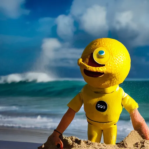 Image similar to 5 0 mm photograph, of a real anthropomorphic lemon character, with lemon skin texture, it is wearing a hat and scuba diving suit, building a sandcastle on the beach at sunset, beach, huge waves, sun, clouds, tropical trees, rim light, cinematic photography, professional, sand, sandcastle, volumetric lightening