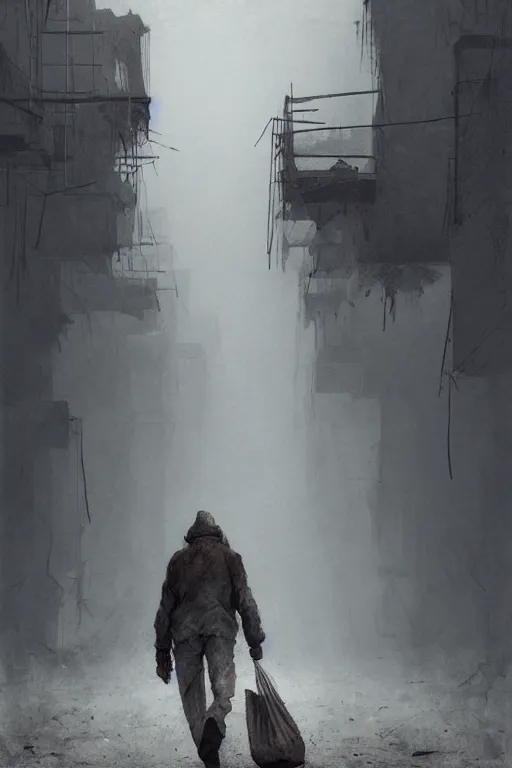 Image similar to man carrying many bags full of groceries, walking in a post - apocalyptic abandoned city, zdzislaw beksinski, lewis jones, dariusz zawadzki, wayne barlow, cold hue's, warm tone gradient background, concept art, digital painting