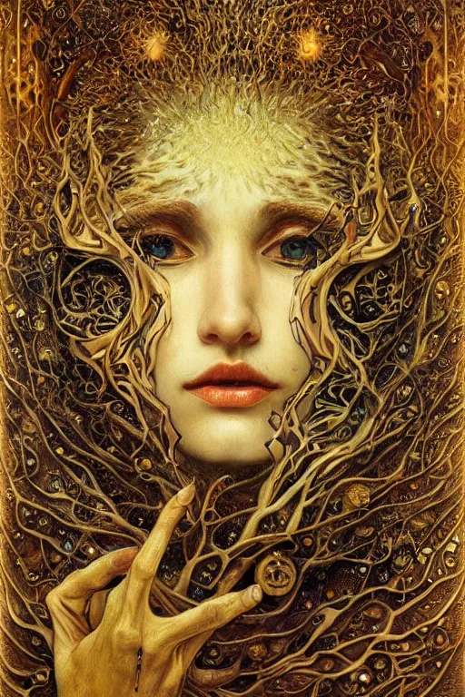 Image similar to The Wreath of Thorn and Bone by Karol Bak, Jean Deville, Gustav Klimt, and Vincent Van Gogh, otherworldly, fractal structures, arcane, prophecy, ornate gilded medieval icon, third eye, spirals