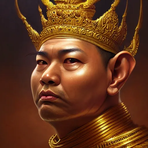 Prompt: jesdaporn pholdee dressed as king ramkhamhaeng, intricate, highly detailed, centered, digital painting, artstation, concept art, smooth, sharp focus, illustration, artgerm, tomasz alen kopera, peter mohrbacher, donato giancola, joseph christian leyendecker, wlop, boris vallejo