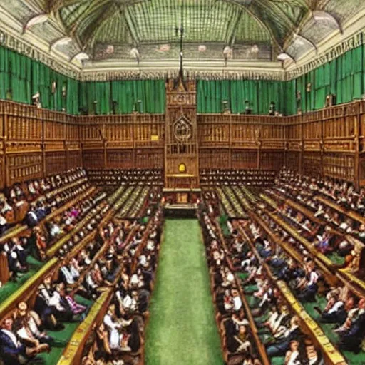 Image similar to a realistic painting of the british house of commons filled with chimpanzees arguing