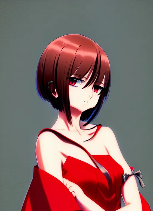 Image similar to anime portrait of a beautiful woman, medium long bob, straight bangs, wearing red gown, ilya kuvshinov, anime, pixiv top monthly, trending on artstation, cinematic, danbooru, zerochan art, kyoto animation