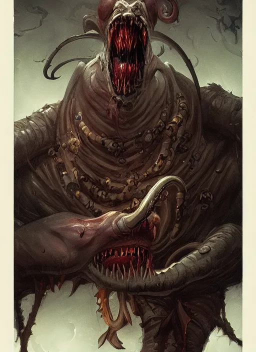 Prompt: a vampire with a sea lamprey mouth, in the styles of peter mohrbacher, gerald brom, and marc simonetti, intricate, hyperrealistic, volumetric lighting