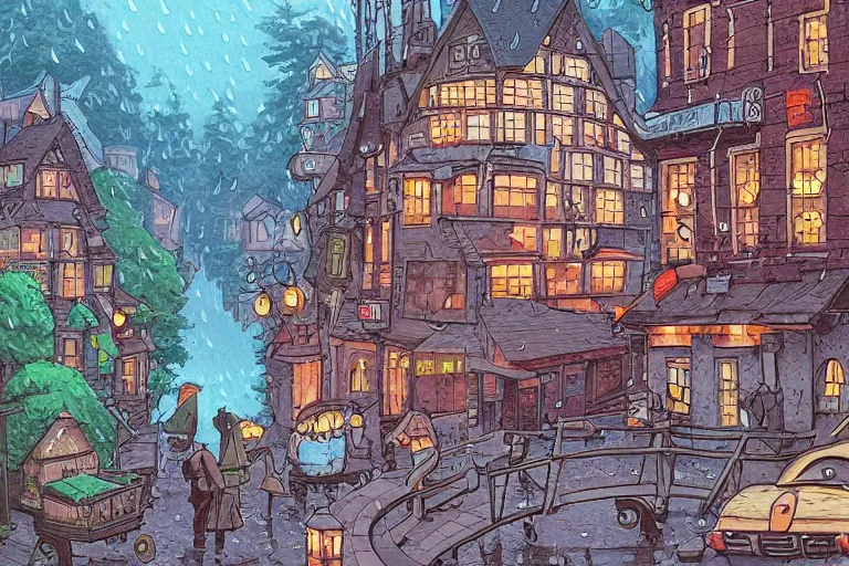 Prompt: A rainy roresy in the style of Ghibli Studio and Dan Mumford, detailed