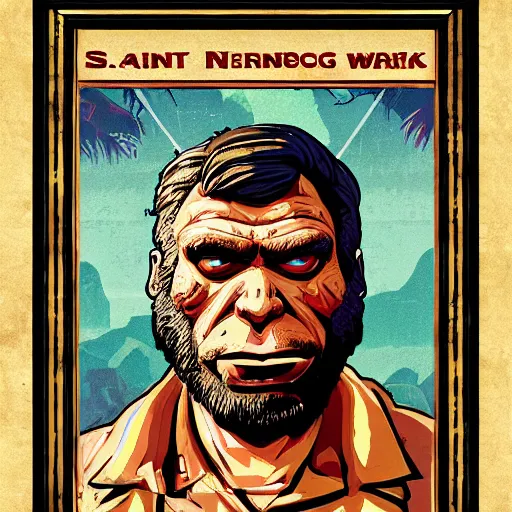 Prompt: saint homo neanderthalis portrait poster with book of science on his right hand, pop art, gta chinatown wars art style, bioshock infinite art style, hyperrealistic, two colors, paper border frame, 4 k, remove duplicate content, justify contents center.