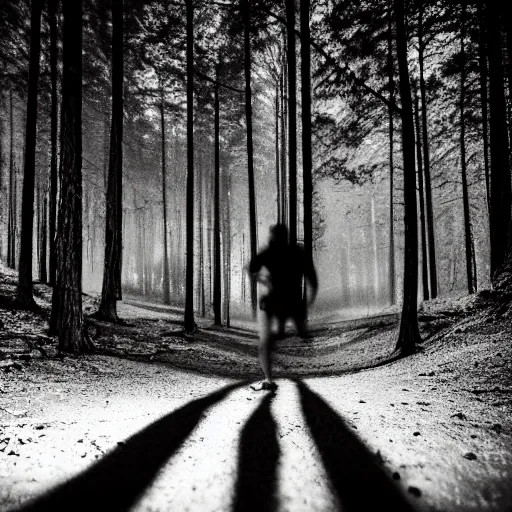 Prompt: deep forest in the night, nightmare, shooting on the run, no light, blurred, shadow beast running, very poor quality of photography, 1/2 second shutter speed