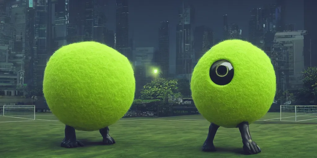 Image similar to a photo of 8 k ultra realistic giant tennis ball monster statue, tennis ball monsters, exotic, cinematic lighting, trending on artstation, 4 k, hyperrealistic, focused, high details, unreal engine 5, cinematic, alien planet atmosphere in background, 3 d render by basil gogos and beeple