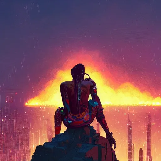 Image similar to a cyberpunk zulu warrior sitting on a cliff watching an enormous metropolitan city burn!!!! from a distance at night, fire, by alena aenami and android jones and greg rutkowski, Trending on artstation, hyperrealism, elegant, stylized, highly detailed digital art, 8k resolution, hd, global illumination, radiant light, detailed and intricate cyberpunk ghetto environment, rendered in octane, post processed, wide angle, dynamic portrait